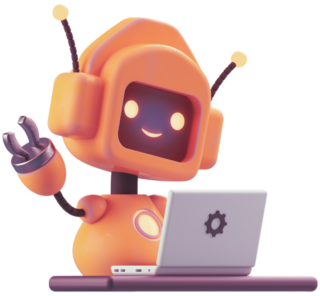 A friendly robot working on a laptop